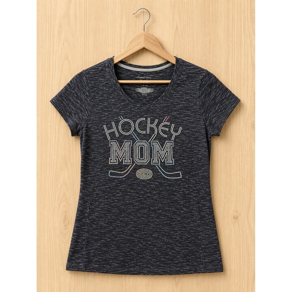 Hockey Mom Rhinestone V-Neck Tee Women's Large Gray Short Sleeve Shirt